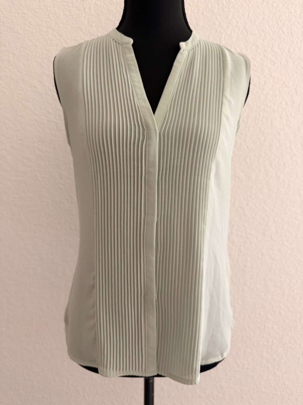 H&M Light Sage Pleated V-Neck Blouse | Sleeveless Hidden Button Minimalist Top